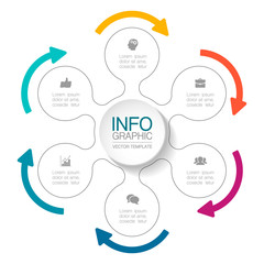Vector infographic template, circle with 6 steps or options. Data presentation, business concept design for web, brochure, diagram.
