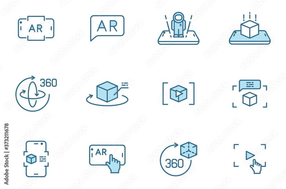 Poster augmented reality two color linear vector icons isolated on white. ar and vr 2 color icon set for we