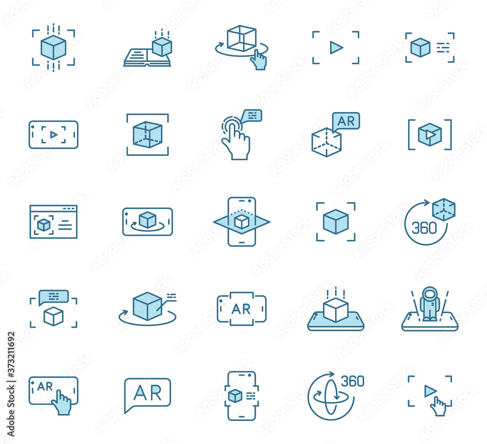 Poster augmented reality outline vector icons in two colors. ar and virtual reality 2 color line icon set f
