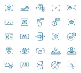 Augmented reality outline vector icons in two colors. AR and virtual reality 2 color line icon set for web design, mobile apps, ui design and print. Futuristic technology business concept