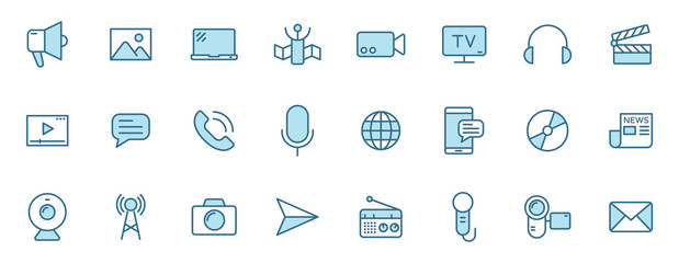media outline vector icons in two colors. media 2 color line icon set for web design, mobile apps, ui design and print. Promo advertising business concept