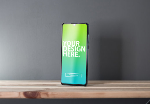 Modern Smartphone Mockup on Wooden Shelf