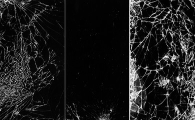Set of 3 broken glass templates. Smashed texture. Dirty scratched crushed tablet screen overlay effect.