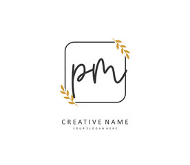 P M PM Initial letter handwriting and signature logo. A concept handwriting initial logo with template element.