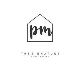 P M PM Initial letter handwriting and signature logo. A concept handwriting initial logo with template element.