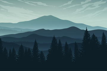 Vector landscape with misty mountains, forest and clouds.  