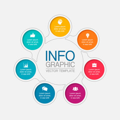 Vector infographic template, circle with 7 steps or options. Data presentation, business concept design for web, brochure, diagram.