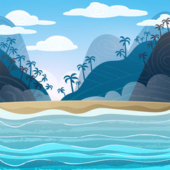 Naklejka premium Tropical blue sea and sandy beach. Tropical mountains with palm trees, vector background.