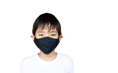 Asian boy with black mask isolated on white background