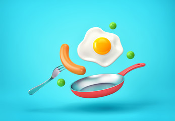 Flying fried egg, sausage on a fork, green pea and frying pan