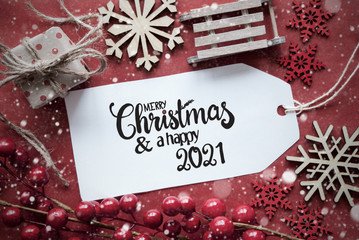 Fototapeta na wymiar Red Christmas Decoration, Label, Merry Christmas And A Happy 2021