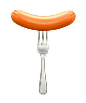 Sausage On A Fork Isolated On White