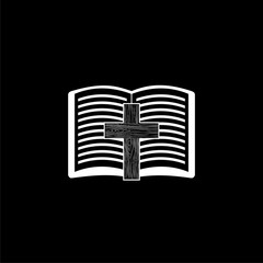 Holy bible book and cross icon isolated on dark background