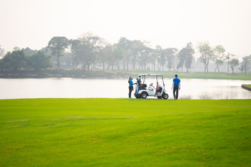 Golfers are about to play golf on bright green grass