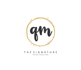 Q M QM Initial letter handwriting and signature logo. A concept handwriting initial logo with template element.