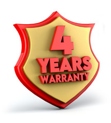 Four years warranty text on golden red shield background. 3d illustration.