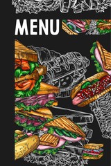 Sketch of a vector cover of fast food, colorful vertical banners. Design templates with a hand-drawn sandwich and hot dog.