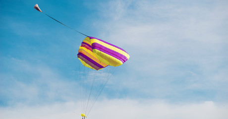 Photo of people jumping with parachute in a beautiful clean day.