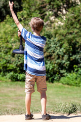 Happy kid on zip line in the city of Essen - Germany