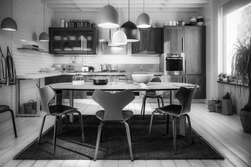 Modern Kitchen Area with Dining Room Integration (B&W) - 3d visualization
