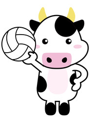 牛06_04（スポーツ・バレーボールを持つ牛さん）