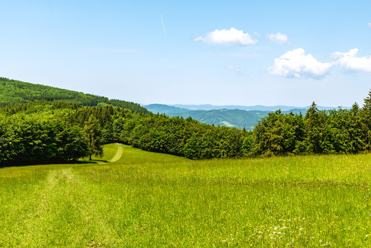 Bile Karpaty mountains scenery with mix of meadows, forest and hills on czech - slovakian borders bellow Kosak hill