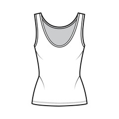 Cotton-jersey tank technical fashion illustration with fitted body, deep scoop neck, elongated hem. Flat outwear apparel template front, white color. Women, men unisex shirt top CAD mockup 