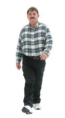 an elderly man in a checkered shirt goes forward