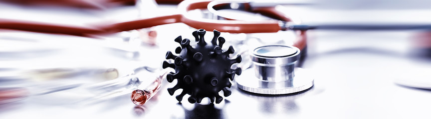 A pandemic of pneumonia worldwide. Virus from animals. Coronovirus molecule model printed on a 3D printer. Fatal disease.