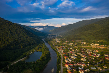Naklejka premium Skole Beskids National Nature Park. View from drone on Skole town