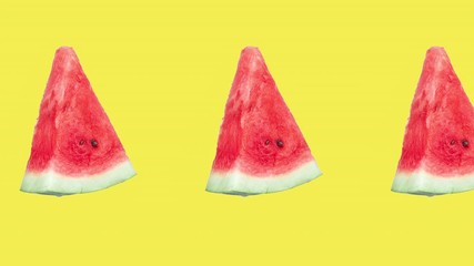 many red watermelon slices animated on a yellow background. seamless looping of realistic 3d food. creative pattern with healthy food
