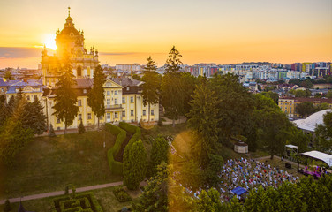 Concert in Metropolitan Garden of St. George's Cathedral. Aerial view from drone