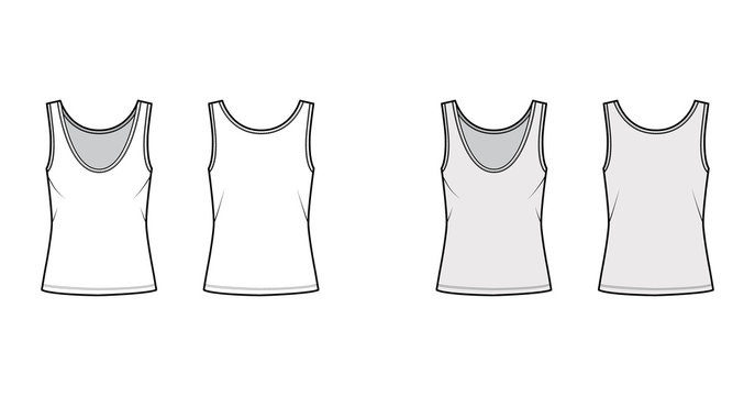 Cotton-jersey tank technical fashion illustration with oversized body, deep scoop neck, elongated hem. Flat outwear apparel template front, back, white grey color. Women, men unisex shirt top mockup 