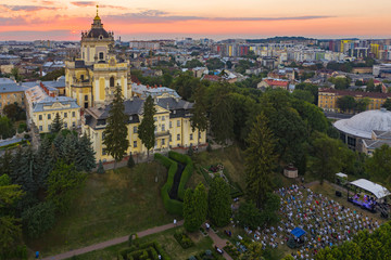 Concert in Metropolitan Garden of St. George's Cathedral. Aerial view from drone