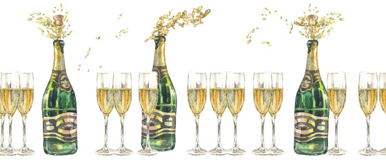 Watercolor green champagne bottle with cork flying © xLizavetaart