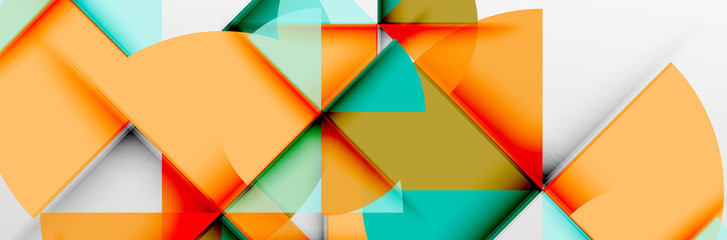 Bright color circles, abstract round shapes and triangles composition with shadow effects. Vector modern geometric design template