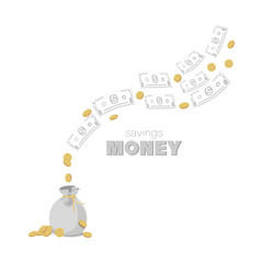 Dollar bill. Gold coins. Cash Bag. Falling money isolated on white background. American currency. 