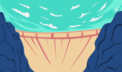 Landscape illustration of Dam design in topography. Scene with cliff and dam design