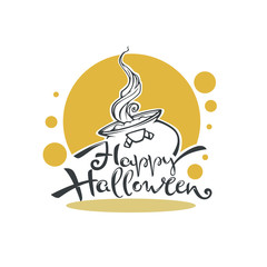 happy halloween logo with witch couldron and lettering composition