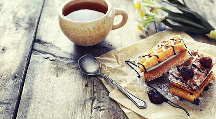 Viennese waffles with filling. Coffee table. A set of fragrant cookies for breakfast for the holiday.
