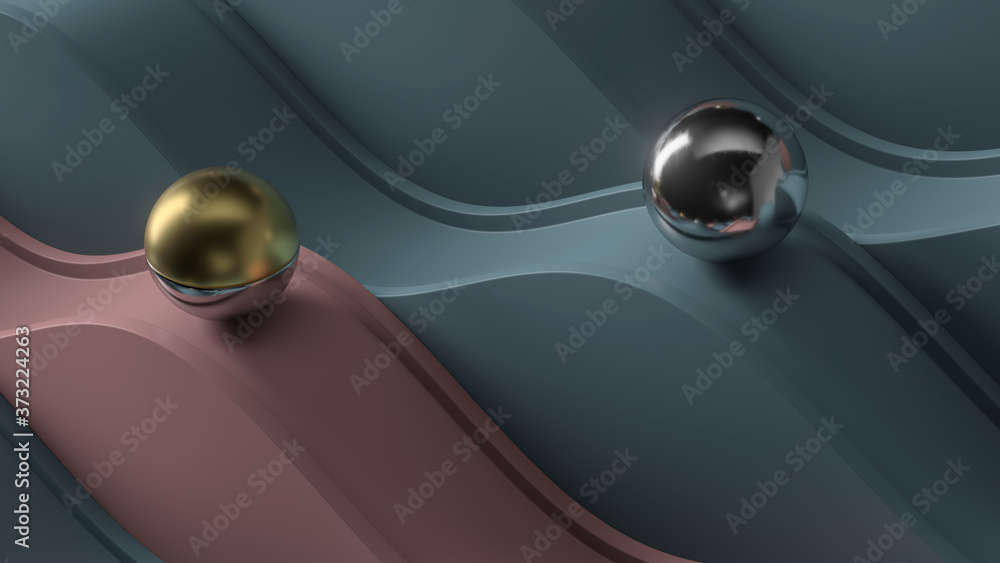 Poster abstract 3d render. metall ball on the wavy geometry. minimal abstract composition.