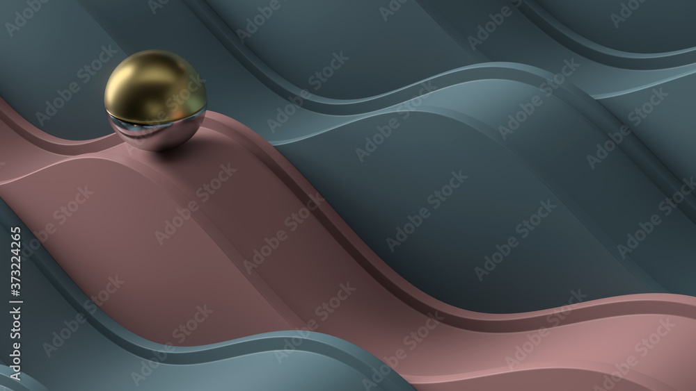 Poster abstract 3d render. metall ball on the wavy geometry. minimal abstract composition.