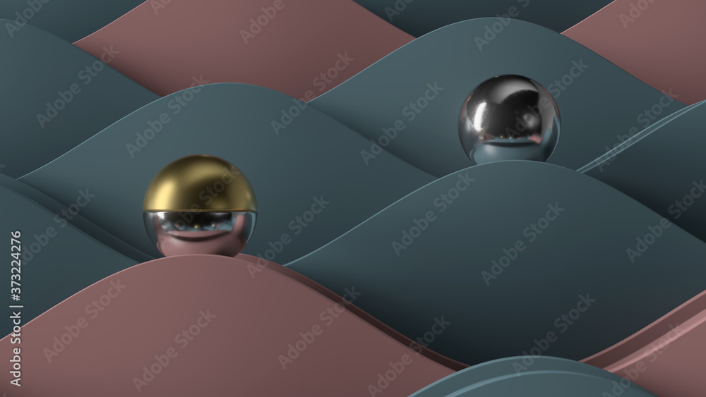 Poster abstract 3d render. metall ball on the wavy geometry. minimal abstract composition.