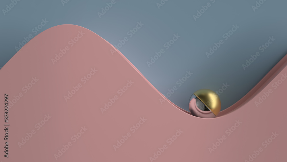 Poster abstract 3d render. metall ball on the wavy geometry. minimal abstract composition.