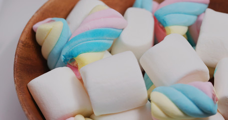 Sweet candy Marshmallow on wooden plate