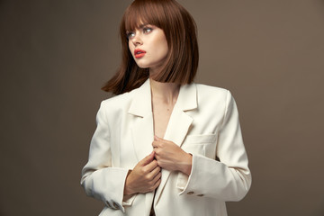 Confident girl in fashion clothes gesticulate with hands 