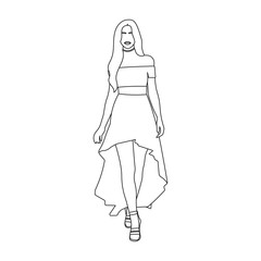 Elegant woman in high low hem dress line art. Goth girl style. Female model outline icon. Fashion symbol. Wardrobe sign. Boutique shop. Party outfit. Sexy clothes - Vector character illustration.