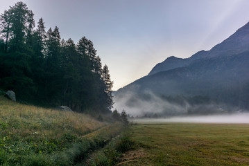 The fog and mist rising from the plains around the lake of Silvaplana in the Engadin valley at sunrise