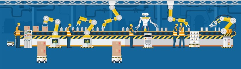 Industry 4.0 concept, Automated production line with workers. Vector