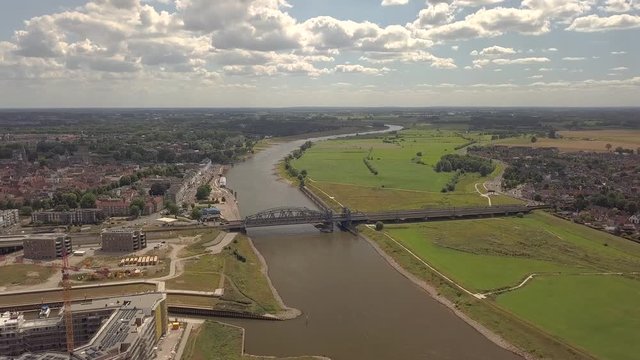 Aerial of the Zutphen Railway bridge at the river IJssel in the Netherlands 